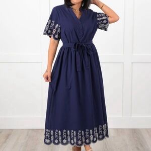 Sew In Love Navy Blue Maxi Dress with White Embroidery